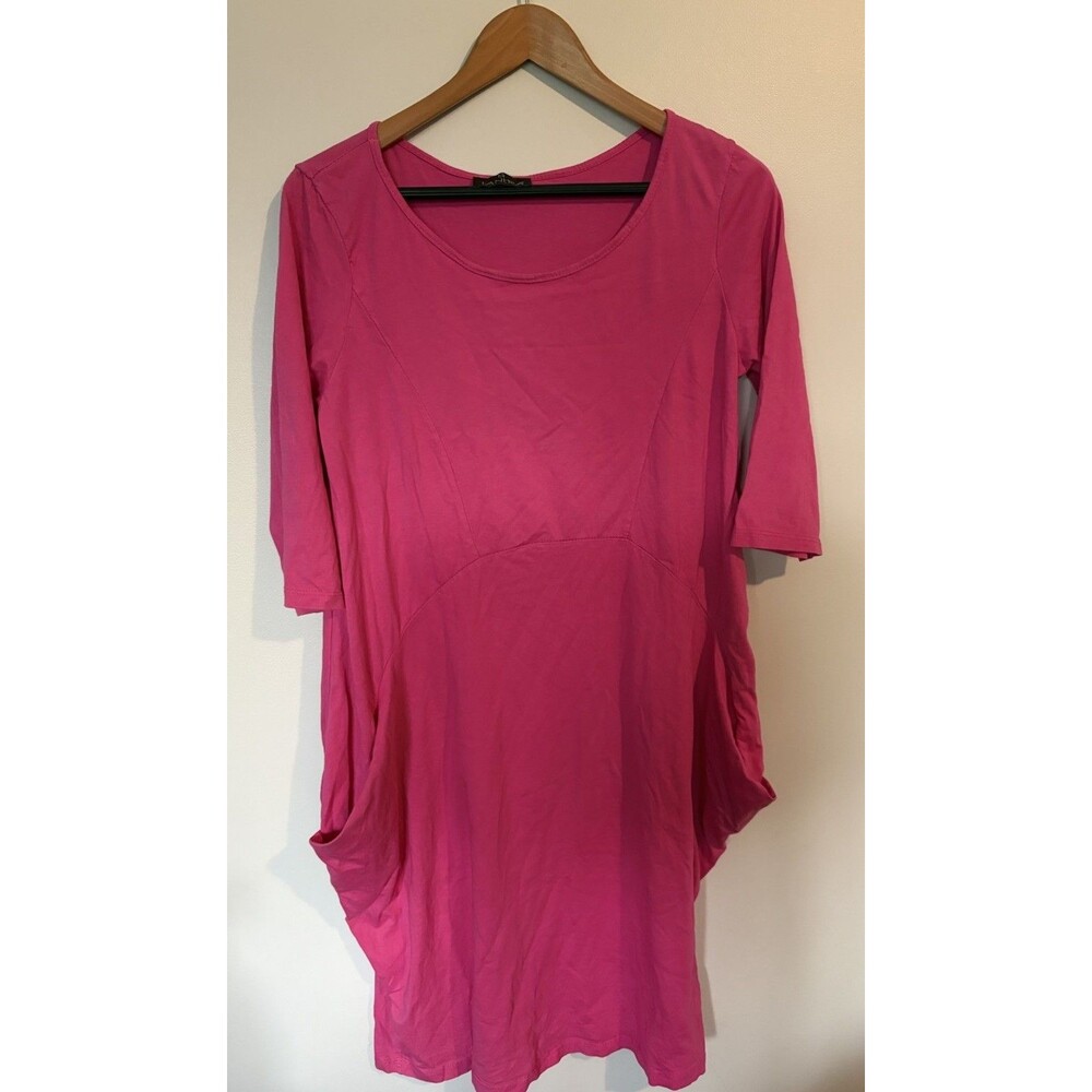 Tantra Pink Knit Cotton T-Shirt Dress Midi L Scoop Neck 3/4 Sleeve Pullover